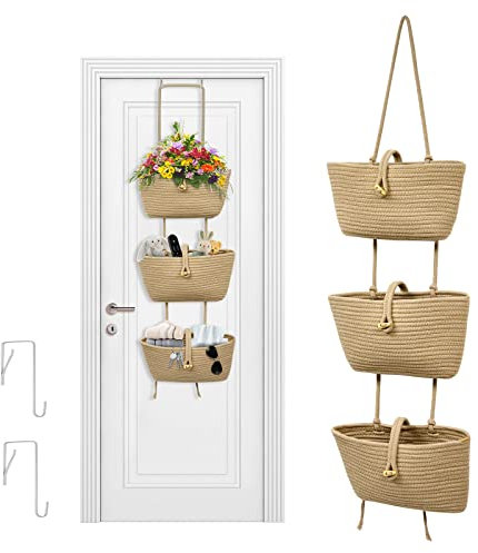 Misvayli 3-Tier Over The Door Woven Hanging Basket, Door Hanging Storage Organiser Baskets with 2 Hooks, Cotton Rope Wall Mount Hanging Storage Bag Boho Decor for Livingroom Bathroom Bedroom (Yellow)