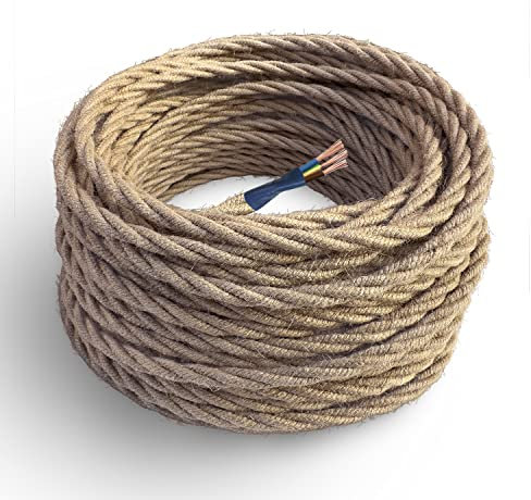 Amarcords - Cavo elettrico tessile colore JUTA, trecciato, juta, 10 metri, con messa a terra 3x1,50mm - Filo rivestito in tessuto colorato vintage a larga sezione.