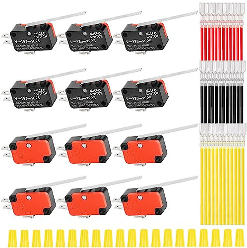VNUUUXO MKBKLLJY Lot de 12 interrupteurs de Fin de Course Courts 52 mm, 1NO 1NC SPDT 3 Broches momentan閑s pour Arduino avec 36 Fils terminaux et 20 Capuchons de c鈈lage