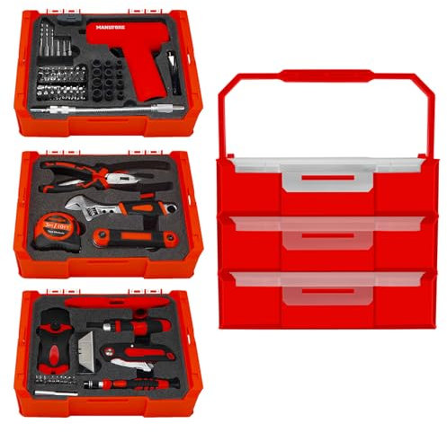 MANUFORE 81pcs 3-Layer Household Tool Set with 3.7V Cordless Screwdriver with Bits and Basic Home Hand Tools for Garden Office House Repair