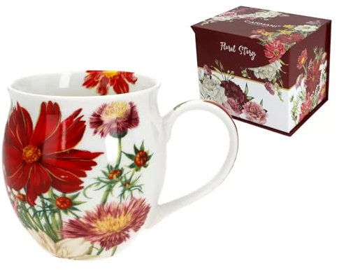 CARMANI - Grande tasse tonneau pour thé, café, chocolat chaud dans une boîte cadeau, décorée avec des fleurs des champs, 450 ml