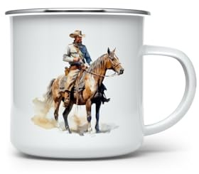 MAXIKIWI - Durable Enamel Coffee or Tea Camping Mug for Indoor Outdoor Use - Vintage Western World Cowboy - 350ml