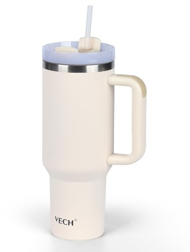 VECH 40oz Tumbler, Travel Coffee Tumbler with Straw Lid and Handle, Insulated Coffee Cup for Hot & Cold Coffee, Stainless Steel Travel Mug, Metal Water Bottle, BPA Free(White)