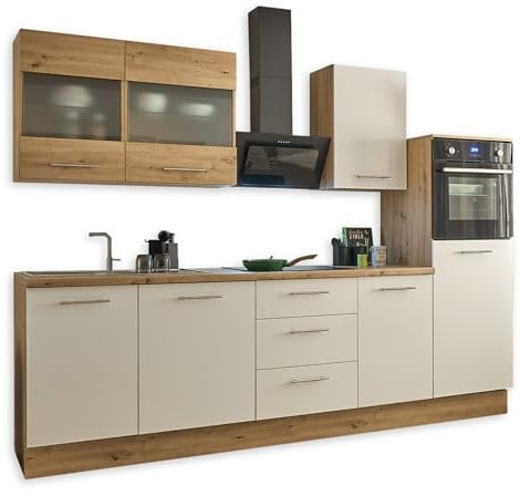 Cocina moderna Capri sin electrodomésticos en blanco, aspecto de roble artesano, certificado FSC, amplia cocina equipada con mucho espacio de almacenamiento, 280 x 168 x 58 cm (ancho x alto x