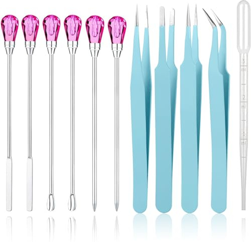 11 Pcs Resin Accessories Set Silicone Resin Mold Tools Kit Resin Craft Tweezers Stirring Needle Spoon Dropper Stainless Steel Anti-Static for Craft Jewelry Making Powder Liquid StirringRose Red&Cyan