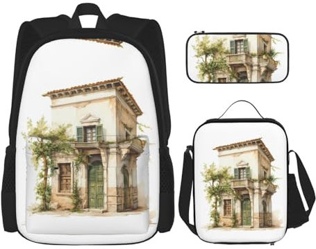 Mochilas de madera con diseño retro de flores rojas con lonchera y estuche para laptop, mochila universitaria de 15 pulgadas, Edificio antiguo con rama de olivo romana y griego, Talla única