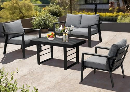 Gartenmöbel Set Aluminium 4 TLG, 2-Sitzer Sofa, 2 x Einzelsessel, 1 x Esstisch, 7 x Auflagen, wetterfest Essgruppe Gartengarnitur für Garten, Balkon & Terrasse (Schwarz)