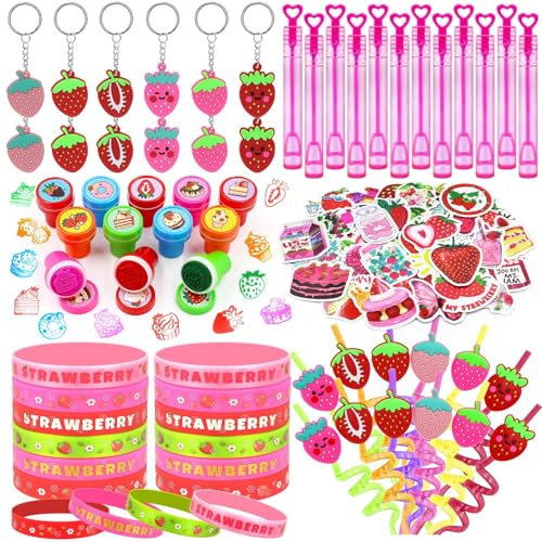 BOIKOKY 110 Pezzi Set Festa Fragola Accessori Compleanno Per Ragazze Con Cannucce, Portachiavi, Braccialetti, Adesivi