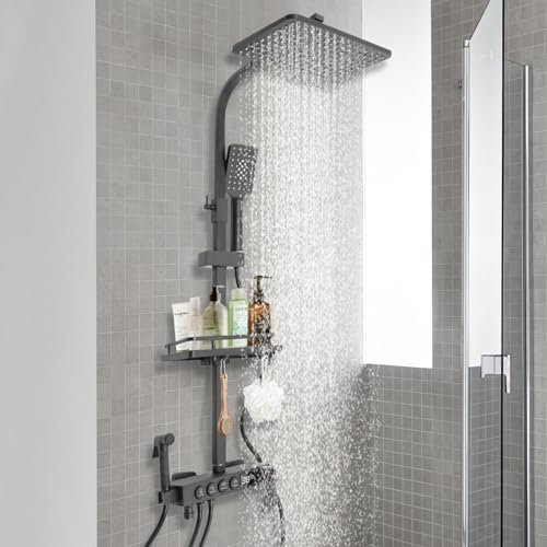 Ensemble de douche en acier inoxydable avec thermostat et affichage LED, kit de douche à effet pluie, pistolet de pulvérisation et douchette, pommeau de douche rotatif à 360 °, barre de douche