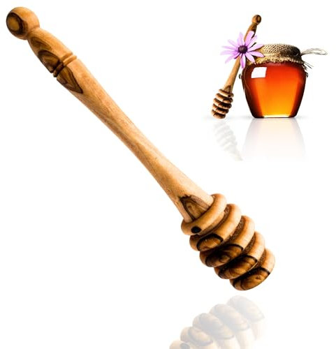 Olive Wood Honey Dipper Stick | 100% Mediterranean Olive Wood Stirrer Spoon for Honey Jar Dispenser | Drizzling Utensil for Waffle, Pancakes | Stir Tea, Coffee, Juice (Honey Dipper Plus, 15.5cm)