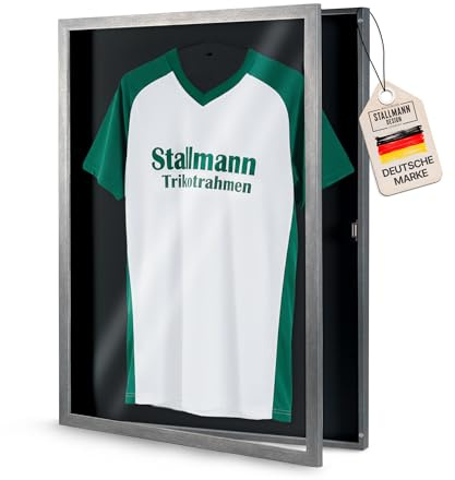 Stallmann Design Trikotrahmen 'Easy Click & Fill' mit Tür | Rahmen-Farbe: Nussbaum | Hintergrund: Schwarz | Größe: 70 x 90 cm | hochwertige und leicht zu befüllende Vitrine für Trikots