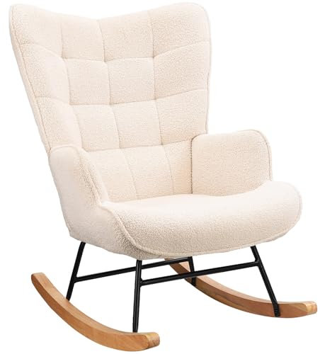 Lazyspace Fauteuil à Bascule, Fauteuil de Relaxation, d'allaitement, de Salon, à Bascule, avec Structure en métal et Base en Bois, Charge maximale : 130 kg, Tissu en Peluche, Beige, 75 x 68 x 92 cm