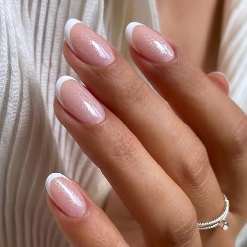 Ceboic 24Pcs Press on Nails Short Oval, Glitter Nude Pink French White Tip False Nails Removable Almond Fake Nails, Full Cover Acrylic Stick on Nail with Glue Stickers for Women Girls Nail Art
