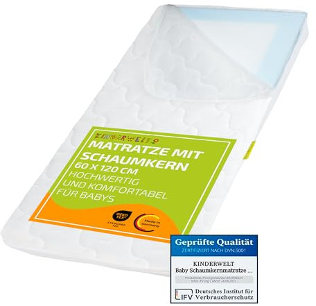 KiNDERWELT Babymatratze 60x120x10 cm, mit Trittkante, Schaumkernmatratze Komfortbezug gesteppt, Matratze für Kinderbett, Schaumstoffmatratze Kinder, Made in Germany