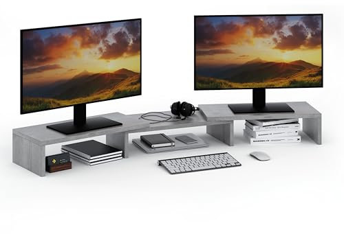 ComfortCove Rehausseur de support pour deux moniteurs, Support de Moniteur, support pour écran, organisateur de bureau, support pour ordinateur, 3 étagères, longueur réglable, Gris