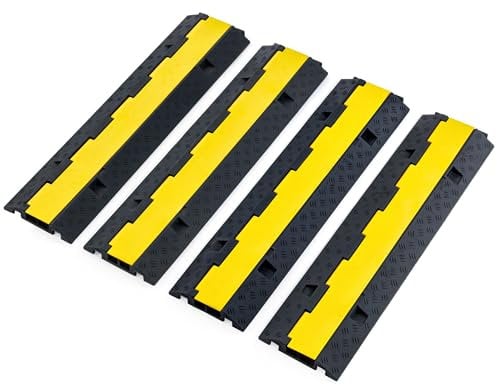 CREWORKS 4 Pack 2 Channel Cable Protector Ramps, Heavy Duty 5 T Capacity Wire Cord Cable Ramp Covers, 4 m Floor Cable Cover with Snap Lock Connection for Driveways Warehouses Parking Lots