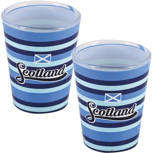 I LUV LTD Double Tot Glasses with Heavy Base, Scotland Multi Stripes Saltire Flag Design, Great Souvenir Gift Set, 50ml, Pack of 2