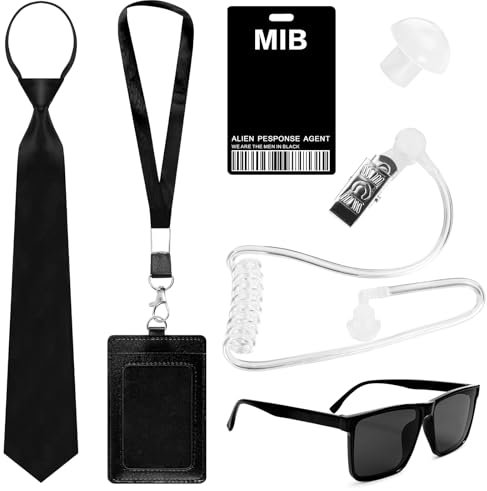 Byffoer 6PCS Agent Kostüm Zubehör, Geheimdienst Kostüm Set Spion Kostüm Zubehör mit schwarzer Sonnenbrille Zip Krawatte Hörer ID Karte und Kartenhalter für Männer Frauen Kinder