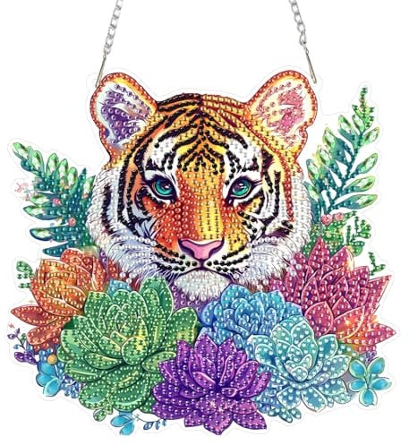 DOMROM Tiger Diamond Art Painting Anhänger, Sukkulente Diamond Painting Fensterbilder anhänger, Diamond Painting Hängende Ornament für Kinder Erwachsene Diamant Malerei Basteln Tür Fenster Deko