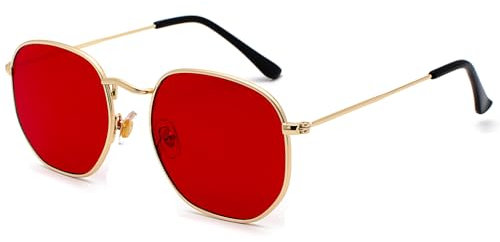 RUNHUIS Retro Polygon Sonnenbrille für Damen und Herren, Modische Quadratische Brille, Ultraleichter Metallrahmen (Gold/Rot-1)