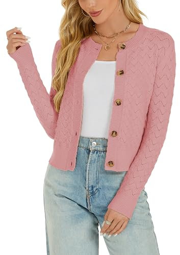 Donna Bolero Uncinetto Maniche Lunghe Chiusura a Bottoni Cardigan Elegante per Primavera Autunno-Rosa/XXL