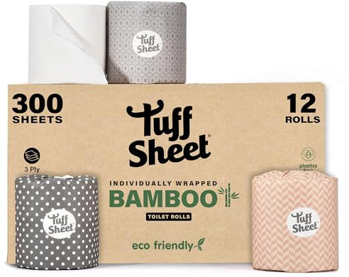 12 Pack Bamboo Wrapped Toilet Rolls 3-Ply Strength, Plastic-Free Toilet Paper, 300 Sheets, Recycled Packaging, Sustainably Sourced, Eco-Friendly& Biodegradable Bathroom Tissues