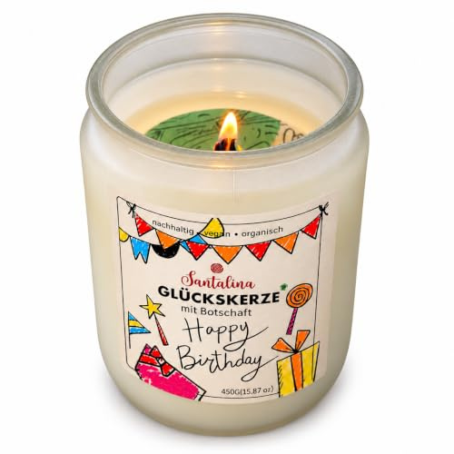Santalina Geburtstagskerze im Glas mit versteckter Botschaft – XXL 450g Sojawachs Kerze mit Holzdocht – Originelles Geschenk zum Geburtstag für Frauen, Männer & Beste Freundin