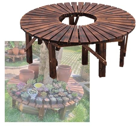 Baumbank, rückenfreier Holzstuhl, runder dekorativer Pflanzenständer für Park, Hof, Veranda, Garten, Rasen