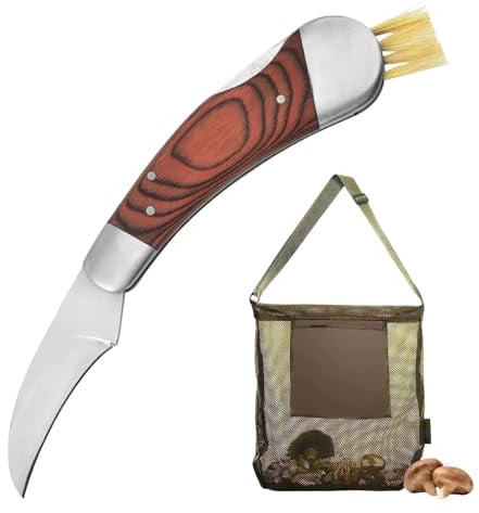 SUNOYA Pilzmesser mit Bürste und Tasche, 19cm Pilzsammler Messer, Pilzsammeltasche, Edelstahl Taschenmesser Klappmesser, Schwammerlmesser mit Pinsel für Outdoor und Camping, Wandern, Ernten, Picknick