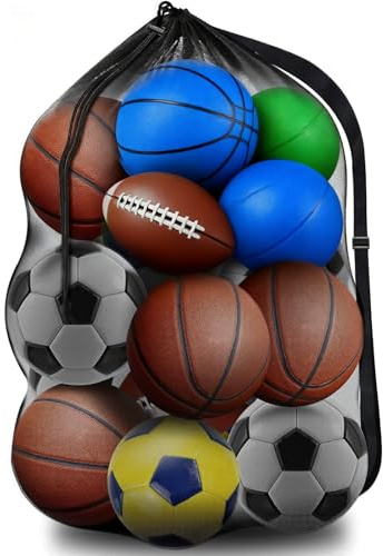 JDHUIOO Extra Large Sports Ball Bag, Drawstring Football Mesh Bag with Adjustable Shoulder Strap, Storage Bag for Football Basketball Volleyball 30” x 40”
