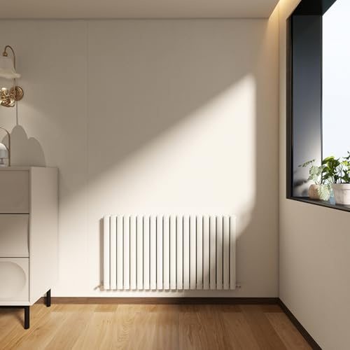 Horizontal Designer Column Radiator, 600x1180mm Gloss White Oval Column, Tall Upright Heater for Bathroom/Living Room, Office, Double Panel Central Heating, 15 Year Warranty