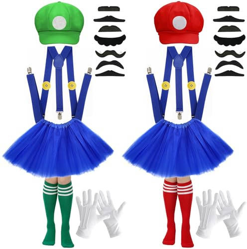 WPPQWP Super Bros Kostüm für Cosplay, Kostüm Accessories Rock Socken Mütze Handschuhe Hut Bart Knöpfe für Fasching Halloween Karneval Cosplay, Kostüme für Erwachsene/Frauen/Männer/Kinder
