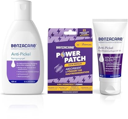 BENZACARE Anti-Pickel Set: Reinigungsgel (120 ml) + Power Patches Skin Repair (23 Stk) + Feuchtigkeitspflege LSF 30 (50 ml) - für zu Pickel neigende Haut, reduziert Rötungen & spendet Feuchtigkeit