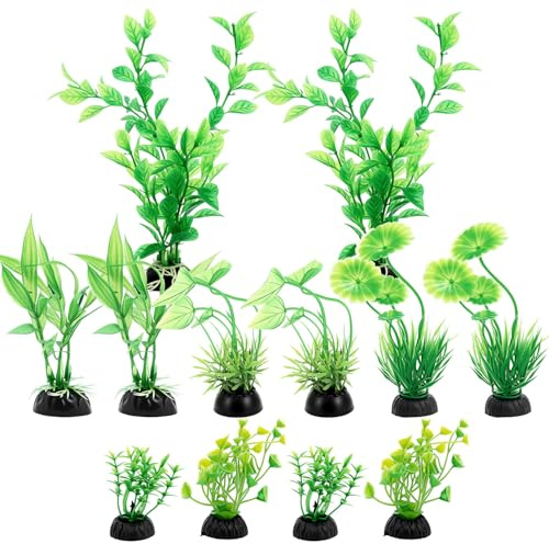 QWORK® Lot de 10 Décorations Aquarium 5,5-20 cm, Plantes Vertes en Plastique, Accessoires pour Aquarium