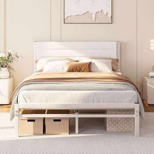 JUISSANO Bett 120x200 cm, Einfache Montage, Weiß | Bettgestell 120x200 mit Lattenrost, Robustes Metallbett, Bettrahmen mit Kopfteil, Höhe 27 cm, Stauraum unter dem Bett