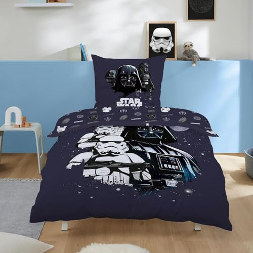 Familando Star Wars Bettwäsche Set (2-teilig) – Decken- & Kissenbezug 135x200 cm & 80x80 cm mit Reißverschluss - 100% Baumwolle Renforcé - mit Wendeseite – Darth Vader, Yoda, Chewbacca, R2-D2 Design