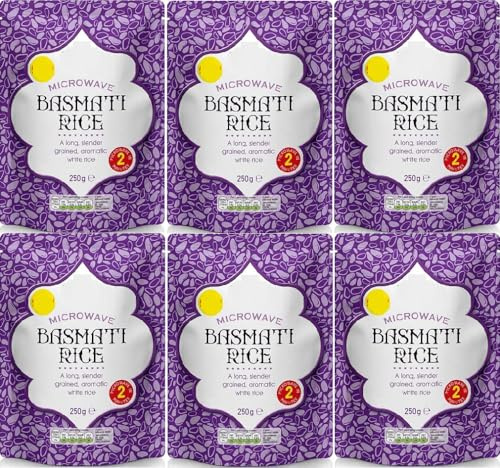Basmati Microwave Rice, Long Slender Grained Aromatic White Rice, 250g, 6 Pack