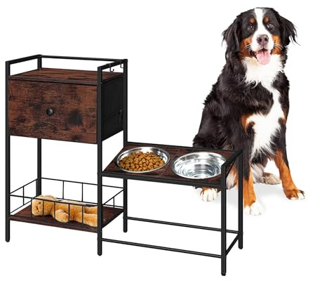 Relaxdays Futterstation Hund, 2 Hundenäpfe, Stauraum, HBT 76x90x27 cm, erhöhte Hundebar, Industrial, Hundeschrank, braun