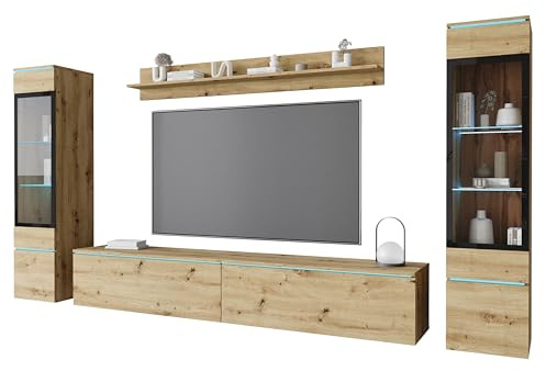 MINIO go for it - Wohnwand 4-Teilig Set Veve 2, Hängend/Stehend - mit LED | Vitrine, Lowboard, Wandboard, mit LED Beleuchtung, Farbe: Artisan Eiche