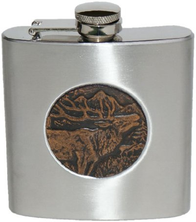 Flachmann Leder m.Hirsch Jäger Jagd Taschenflasche Trachtenflachmann Trinkflasche Edelstahl mit braunem Leder-Hirschmotiv geprägt Handarbeit pocket flask bottle