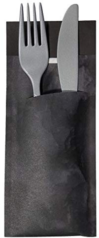 520 Bestecktaschen mit Serviette schwarz marmoriert 20 cm