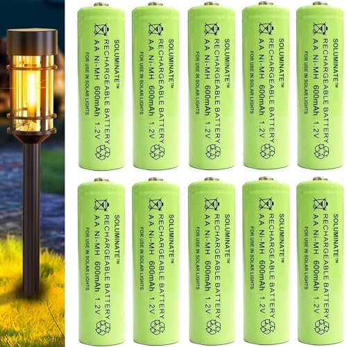 Soluminate Rechargeable AA Solar Light Batteries (600mAh) Replacement for Outdoor Garden Solar Lights, Driveway Lights, and Solar String Lights. Latest 1.2V NiMH Technology (10-Pack)
