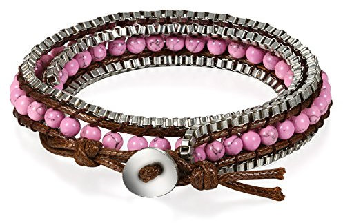 JewelryWe Schmuck Herren Damen Armband, Retro Legierung Leder Perlen Wickelarmband Venezianerkette Armreif Manschette Seil Beads einstellbar, Pink 08