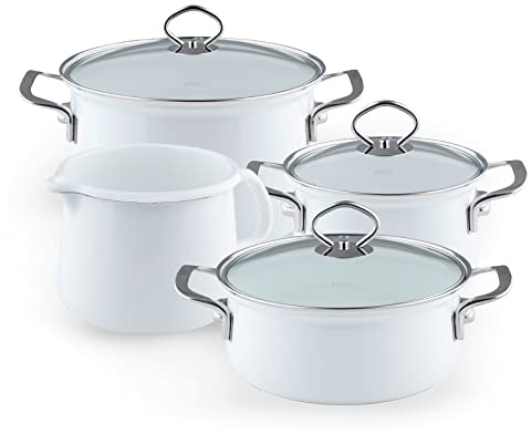 Riess, 0584-033, Familien-Set Emaille Töpfe 5-teilig, NOUVELLE - ARCTICWEISS, 2 Fleischtöpfe 16/20 cm, 2 Kasserollen 16/20 cm und ein Schnabeltopf 12 cm, Emaille,