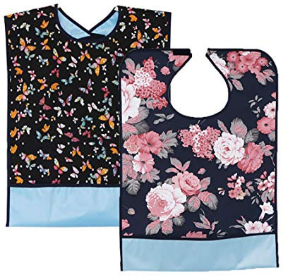 Lätzchen für Erwachsene, wasserdicht, waschbar, wiederverwendbar, mit Kotfach und Klettverschluss, für Männer und ältere Frauen, 2 Stück (Blüte + Schmetterling)