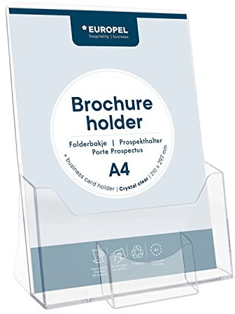 EUROPEL Porte-brochure A4, compartiment Cartes de Visite, Acrylique transparent, Présentoir de documents, Distributeur pour Dépliants et Menus, Bureau, Restaurant