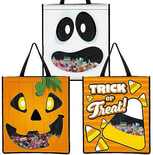 JOYIN 3 Stück Halloween Süßigkeiten Tragetaschen(57,1 x 34,9 cm) für Halloween Süßes oder Saures, Große Transparente Süßigkeit Tüte Partytüten für Halloween Deko Partygeschenke