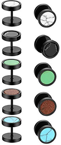 Flongo 5 Paires 10MM Boucles d'Oreilles Dormeuses pour Femme Homme, Clous d'Oreilles Puces Percés Faux Ecarteurs Acier Inox Incrusté Pierre Fantaisie Cadeaux Anniversaire Noël