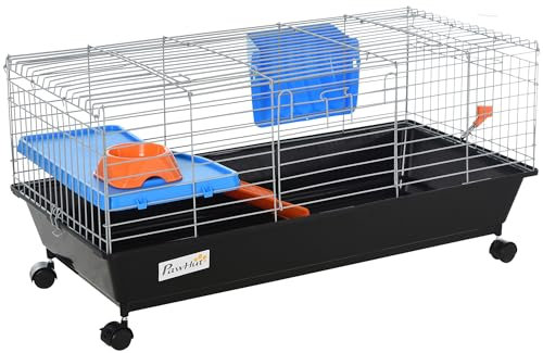 PawHut Small Animal Cage Rabbit Guinea Pigs Chinchillas Cage w/Wheels Water Bottle Food Dish Platform Ramp 89 x 44 x 43 cm Black