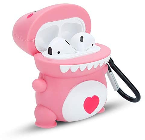 Cadorabo Hülle kompatibel mit Apple AirPod 1 & 2 - Design Love Diosaur Pink - Tragbare Silikon Kopfhörer Schutzhülle 3D Case Schlüsselanhänger